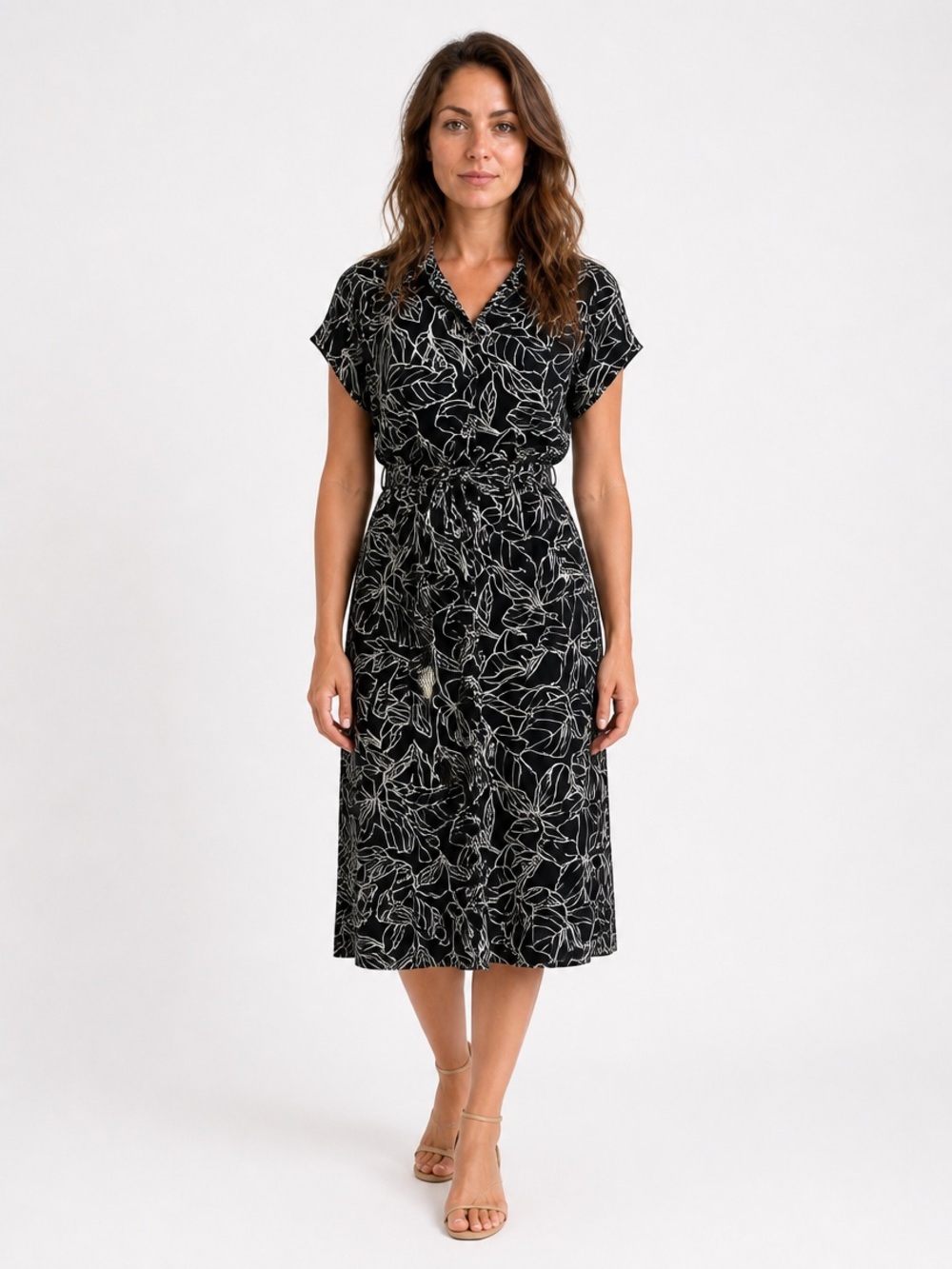 Jewel Badgley Mischka Black & Ivory Botanical Midi Shirt Dress Size Medium